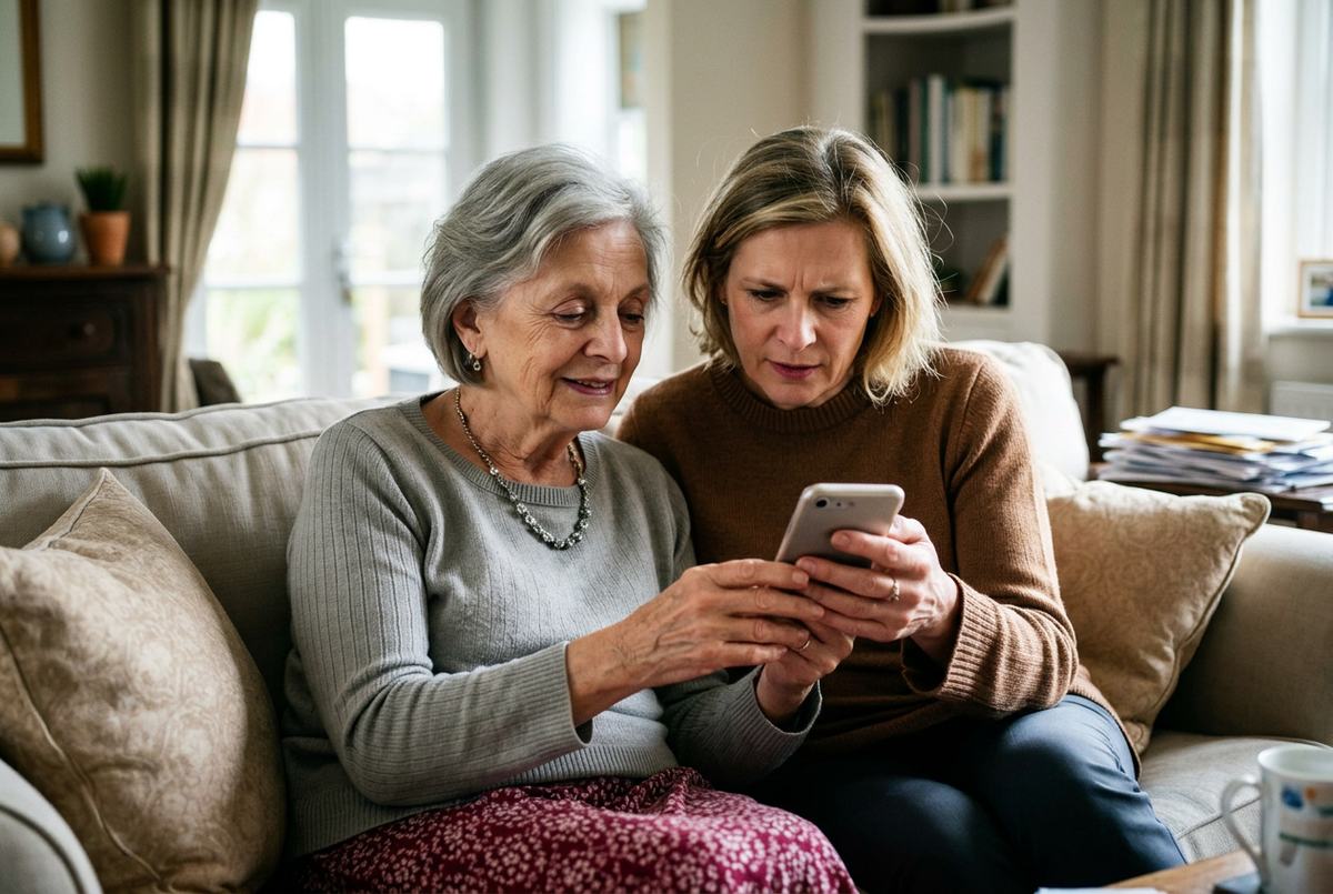 Adult daughter helping her elderly mother arrange a home podiatry visit